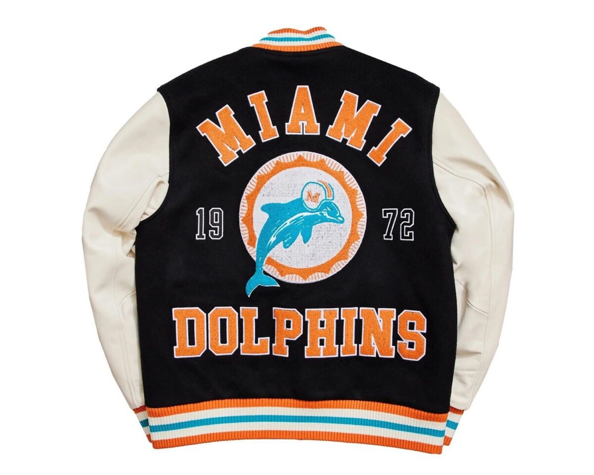 Handmade miami dolphins vintage 90s nfl cosplay leather sleeves bomber wool varsity jacket 2 scaled