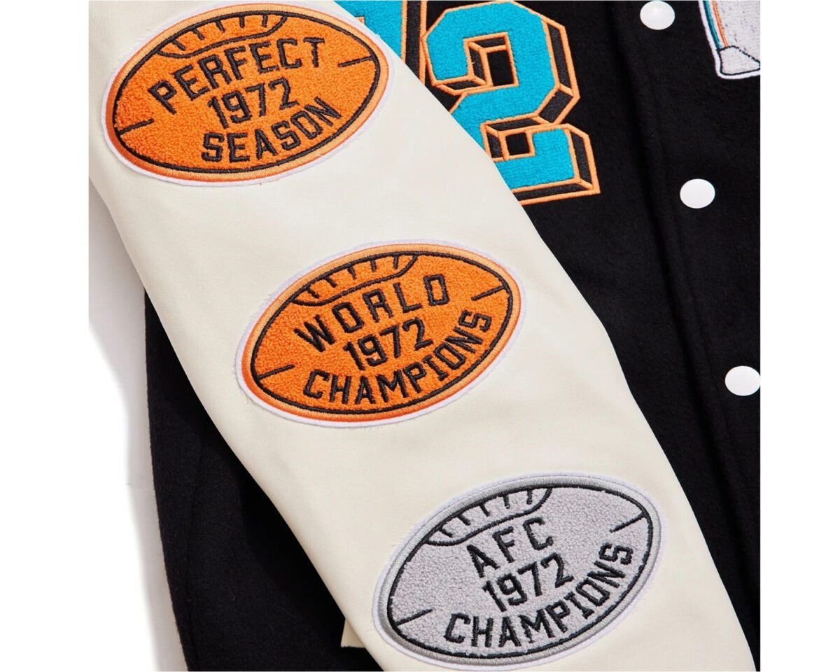 Handmade miami dolphins vintage 90s nfl cosplay leather sleeves bomber wool varsity jacket 4 scaled