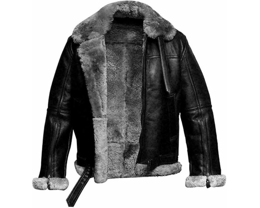 B3 Bomber Jacket - RAF Aviator Grey Fur Black Leather Jacket