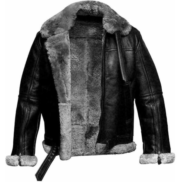 B3 Bomber Jacket - RAF Aviator Grey Fur Black Leather Jacket