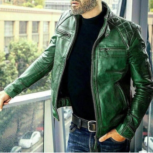 Men’s Classic Vintage Style Café Racer Biker Green Leather Jacket