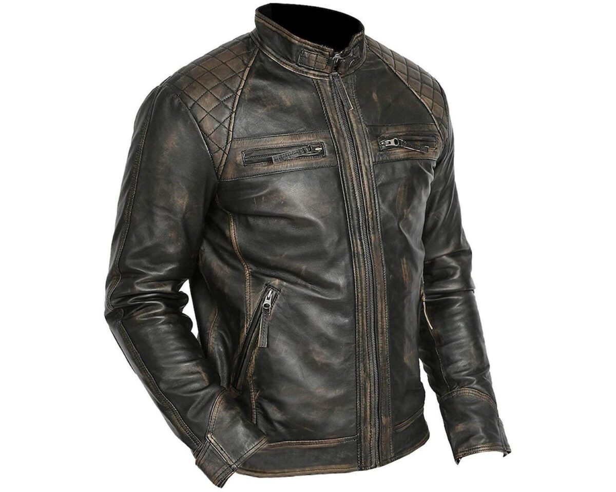 Men's retro vintage style biker distressed leather jacket