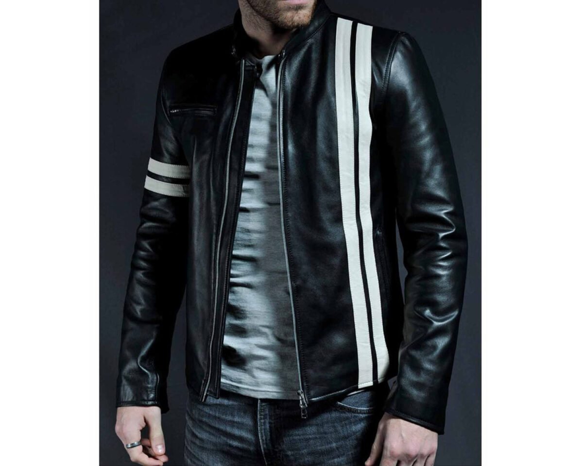 Mens handmade john tanner driver san francisco game casual white stripes retro biker style cafe racer motorcycle black leather jacket 3 scaled