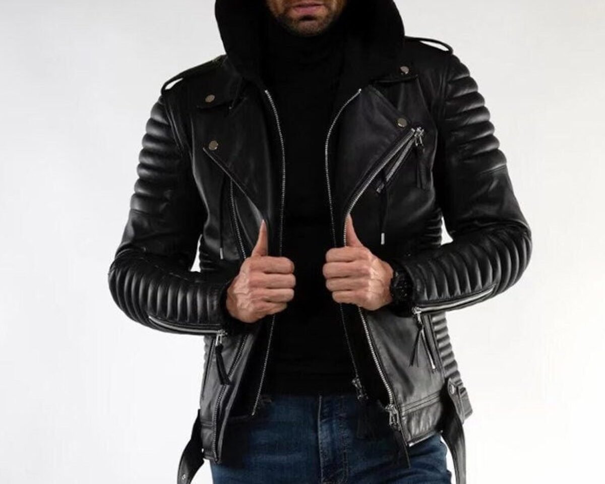 Men’s motorcycle slim fit quilted hooded leather jacket