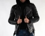 Men’s Motorcycle Slim Fit Quilted Hooded Leather Jacket