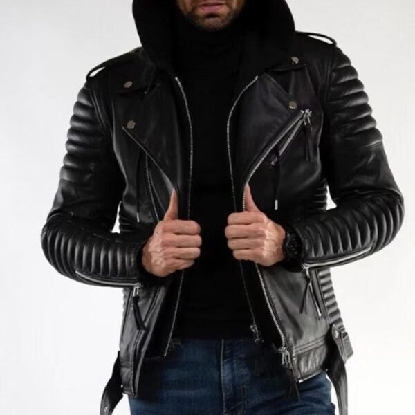 Men’s Motorcycle Slim Fit Quilted Hooded Leather Jacket