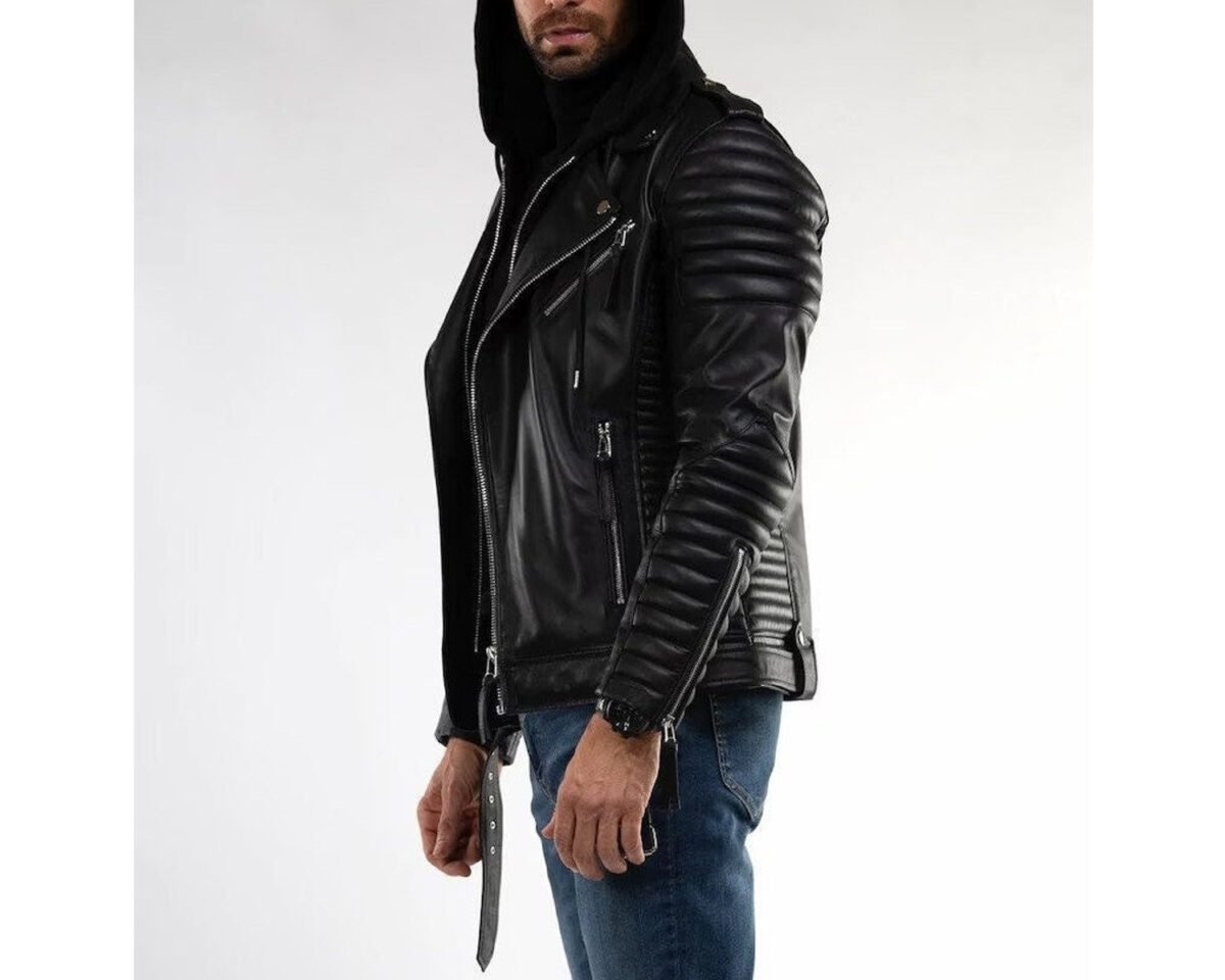 Men’s motorcycle slim fit quilted hooded leather jacket