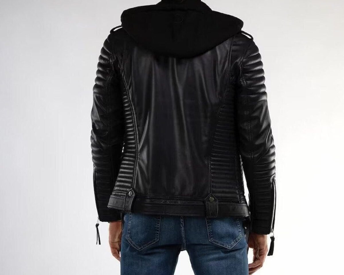 Mens handmade slim fit cafe racer motorcycle biker real lambskin quilted hooded black leather jacket 3 scaled