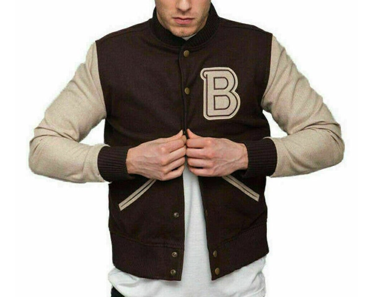 Mens hotline miami b logo flight bomber brown varsity jacket 3 scaled