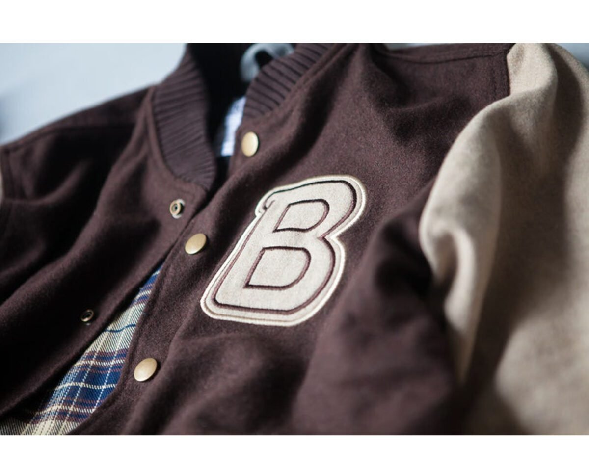 Mens hotline miami b logo flight bomber brown varsity jacket 5 scaled