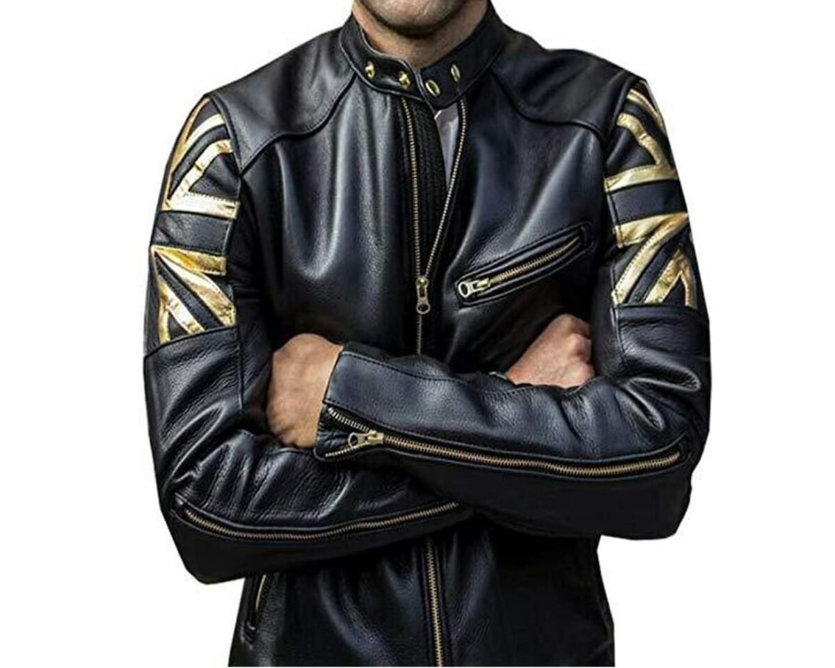 Men’s biker union jack gold uk flag vintage black leather jacket