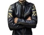 Men’s Biker Union Jack Gold UK Flag Vintage Black Leather Jacket