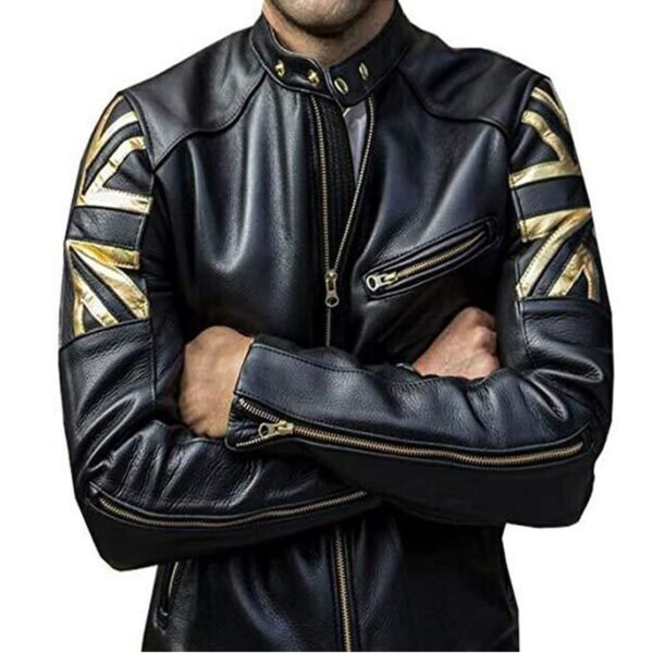 Men’s Biker Union Jack Gold UK Flag Vintage Black Leather Jacket