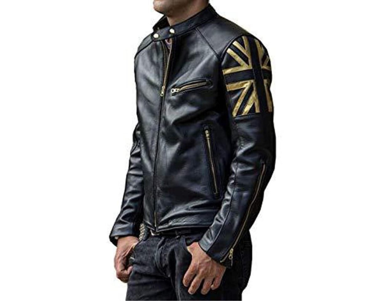 Men’s biker union jack gold uk flag vintage black leather jacket