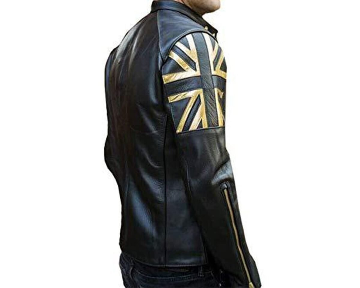 Mens motorcycle biker cafe racer union jack gold uk flag slim fit vintage black leather jacket 3 scaled