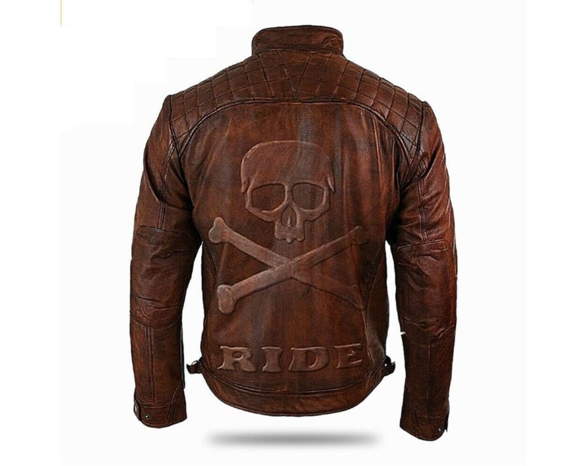 Skull ride embossed motorcycle brown skeleton leather jacket