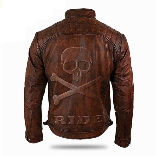 Skull Ride Embossed Motorcycle Brown Skeleton Leather Jacket