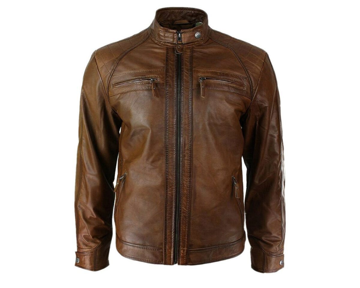 Skull ride embossed motorcycle brown skeleton leather jacket