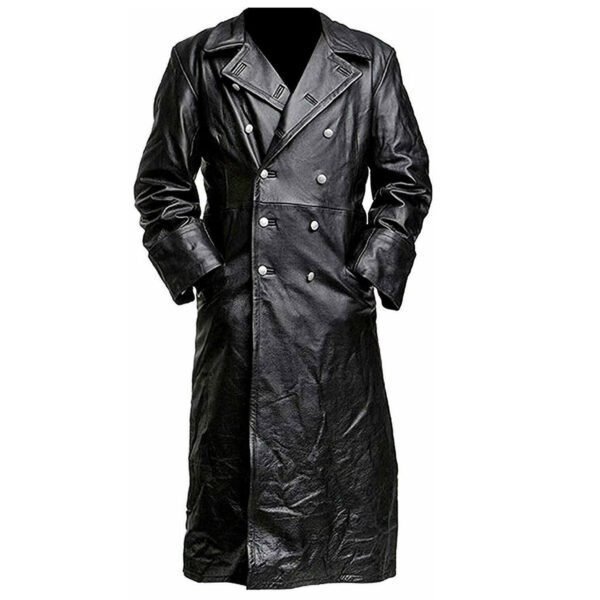 Men’s Classic Military Officer Long Black Leather Trench Coat