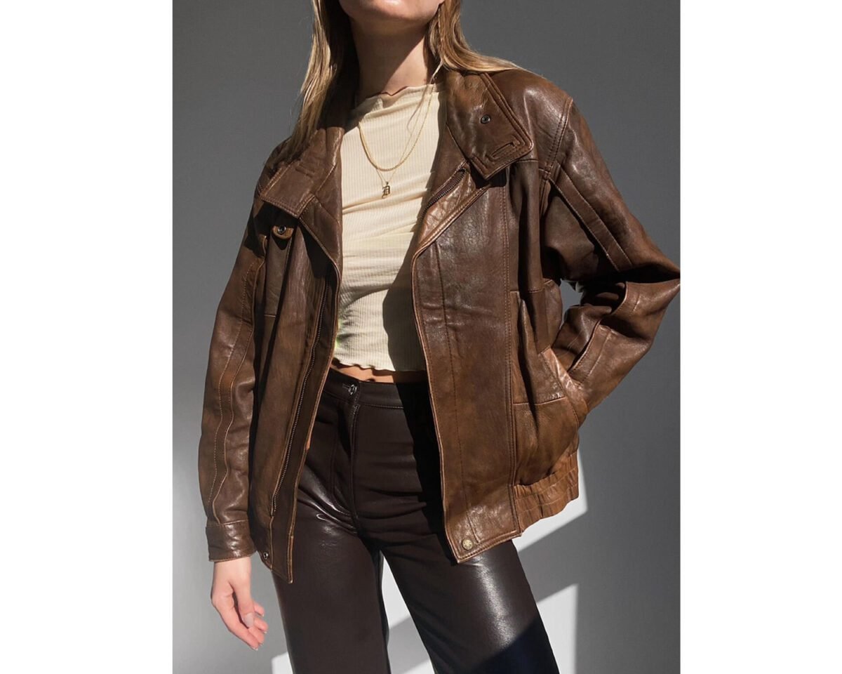 Women oversize casual wear brown bomber leather jacket