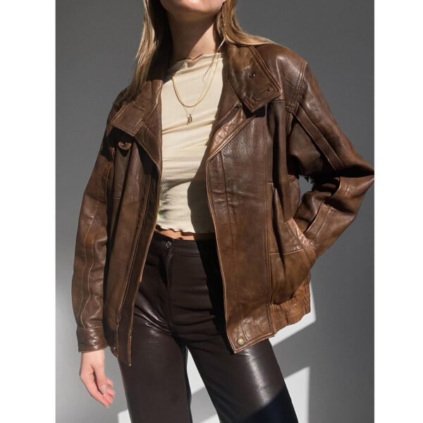 Women Oversize Casual Wear Brown Bomber Leather Jacket