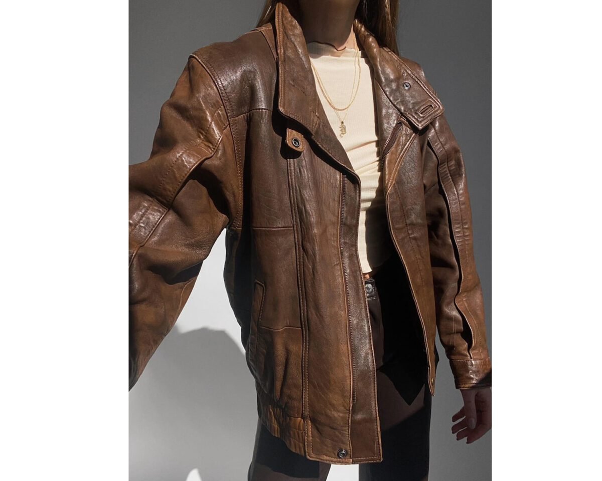 Women oversize casual wear brown bomber leather jacket