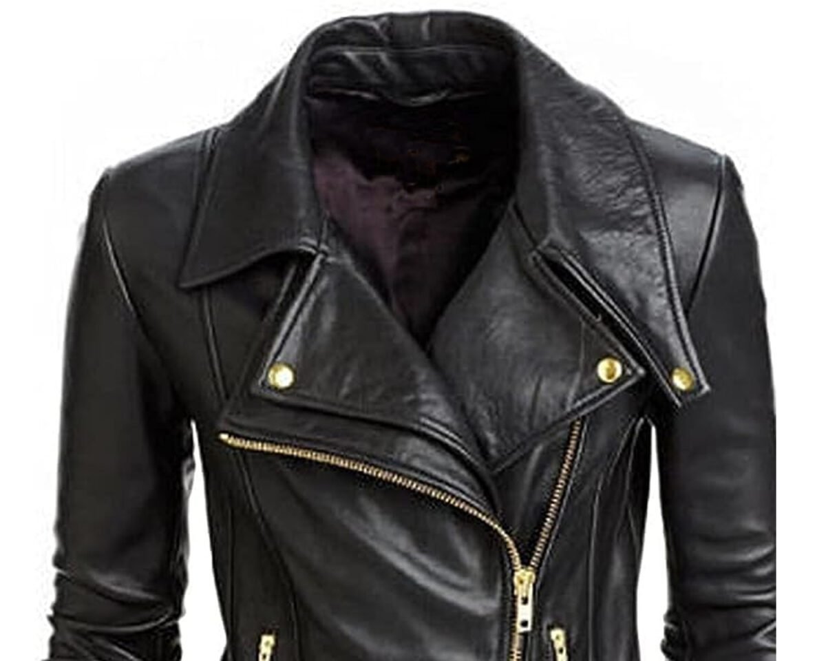 Women’s motorcycle classic slim fit golden zipper leather jacket