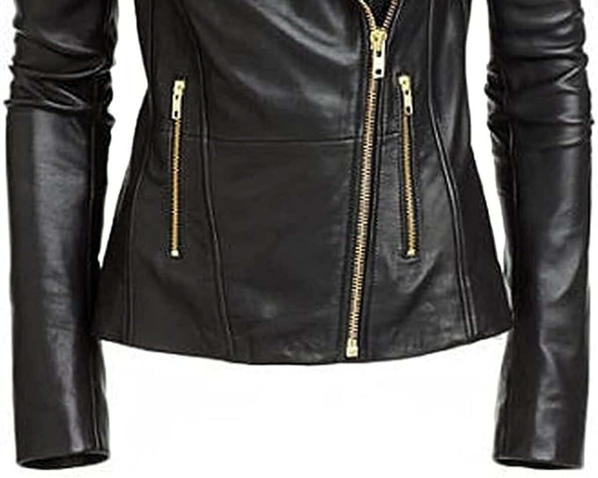 Womens handmade cafe racer motorcycle biker classic slim fit golden zipper real lambskin black leather jacket 3 scaled