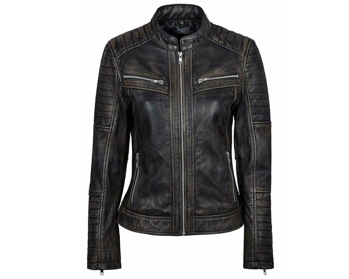 Women's motorcycle vintage style slim fit distressed leather jacket