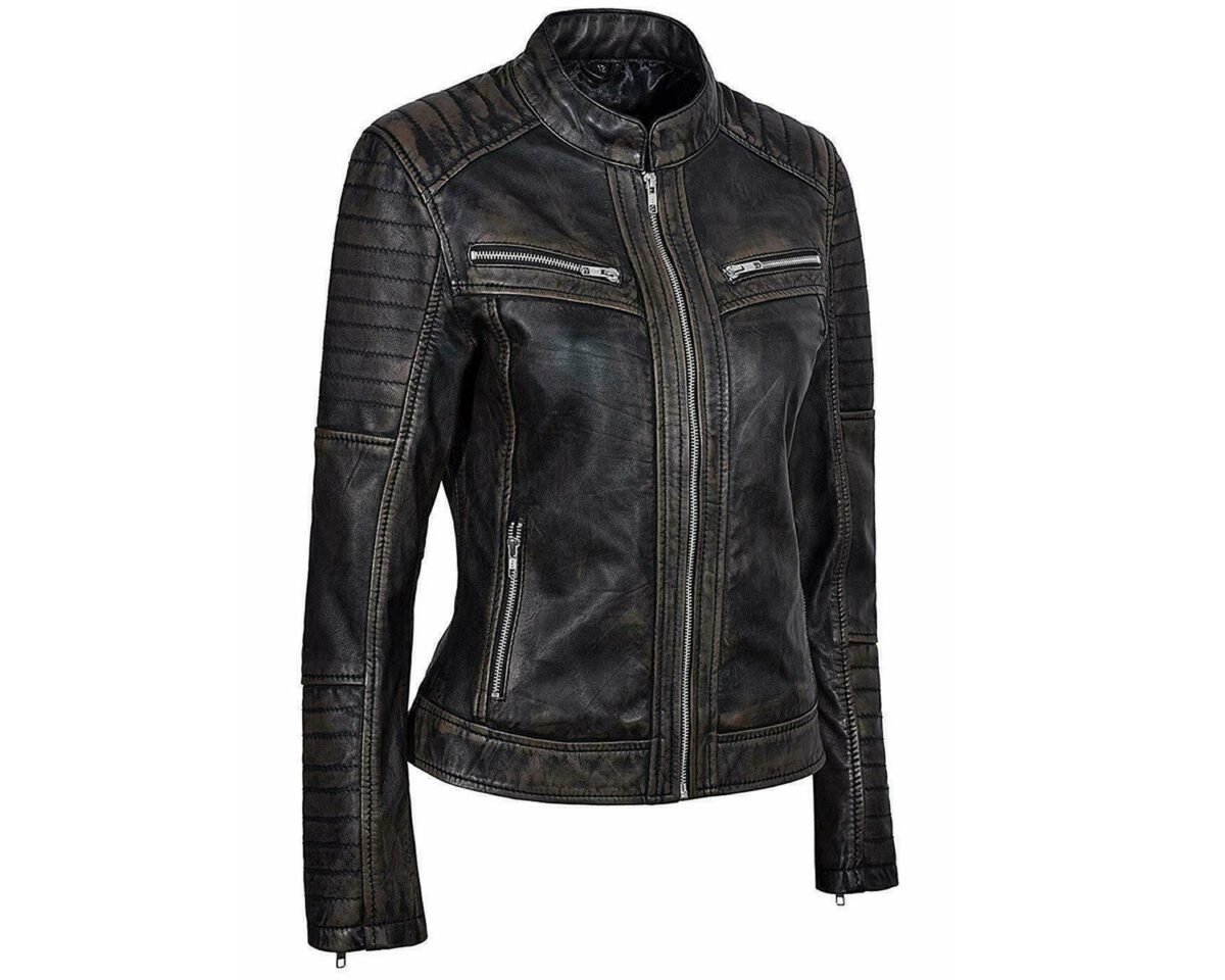 Womens handmade cafe racer motorcycle biker vintage style slim fit distressed classic real black leather jacket 3 scaled