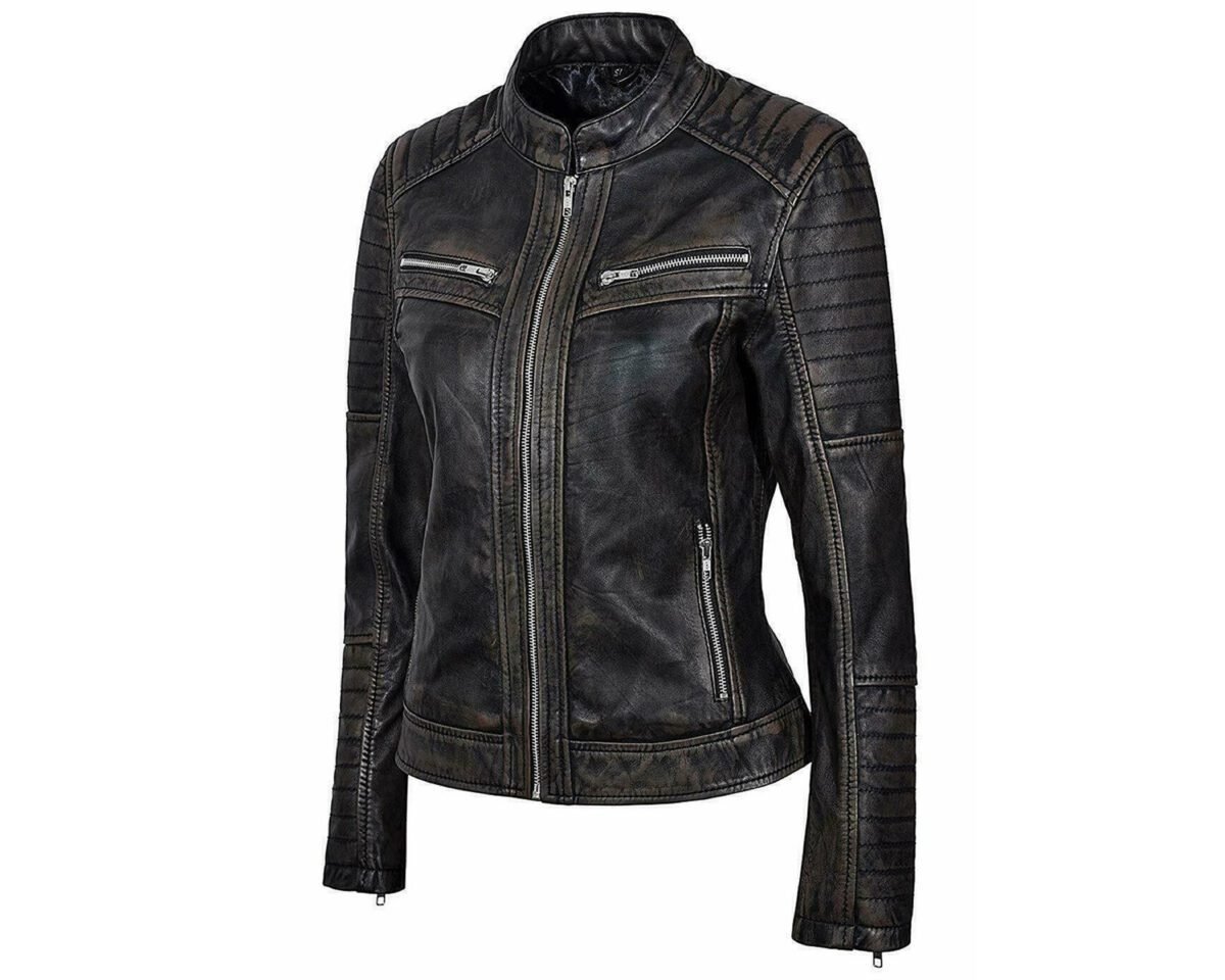 Womens handmade cafe racer motorcycle biker vintage style slim fit distressed classic real black leather jacket 4 scaled