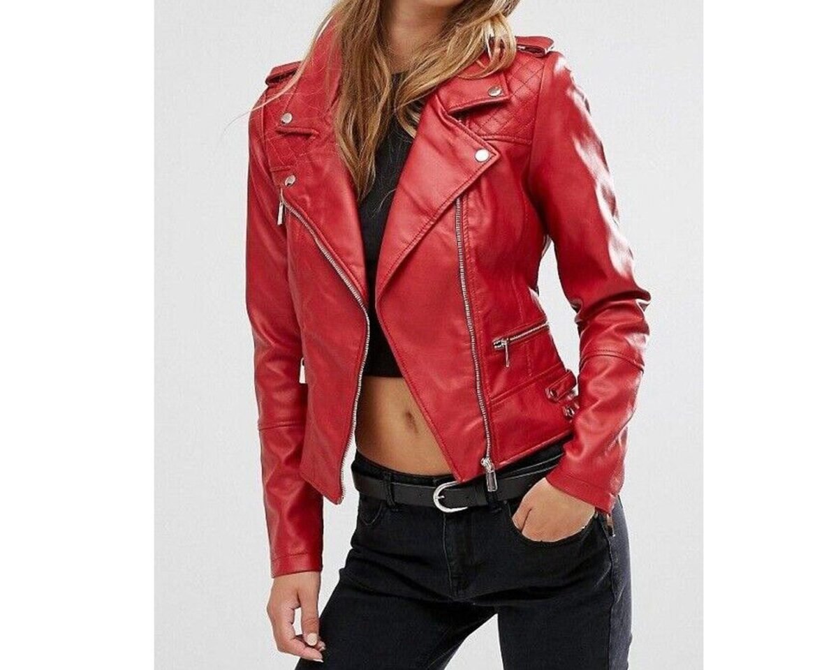 Women’s slim fit biker red leather jacket