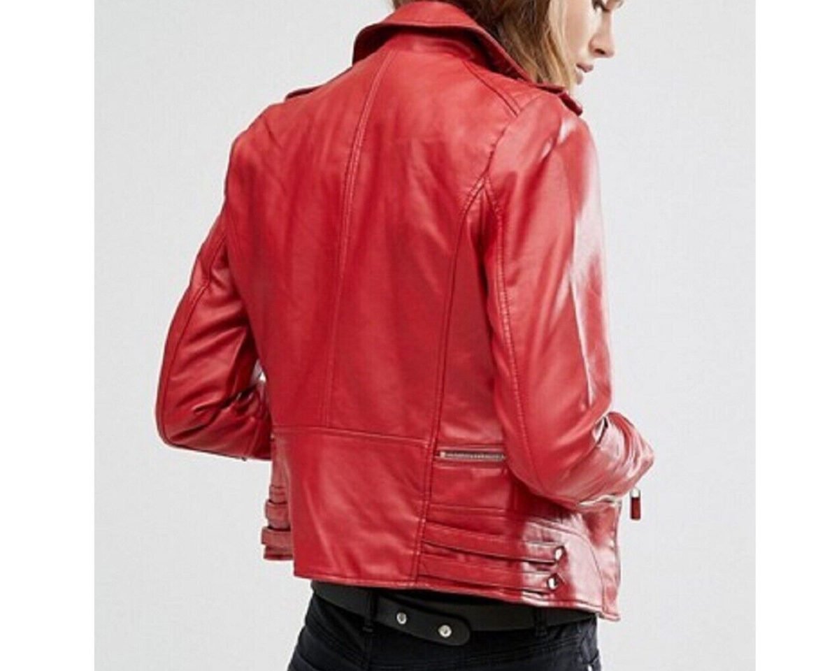 Womens handmade slim fit motorcycle genuine lambskin biker red leather jacket 2 scaled