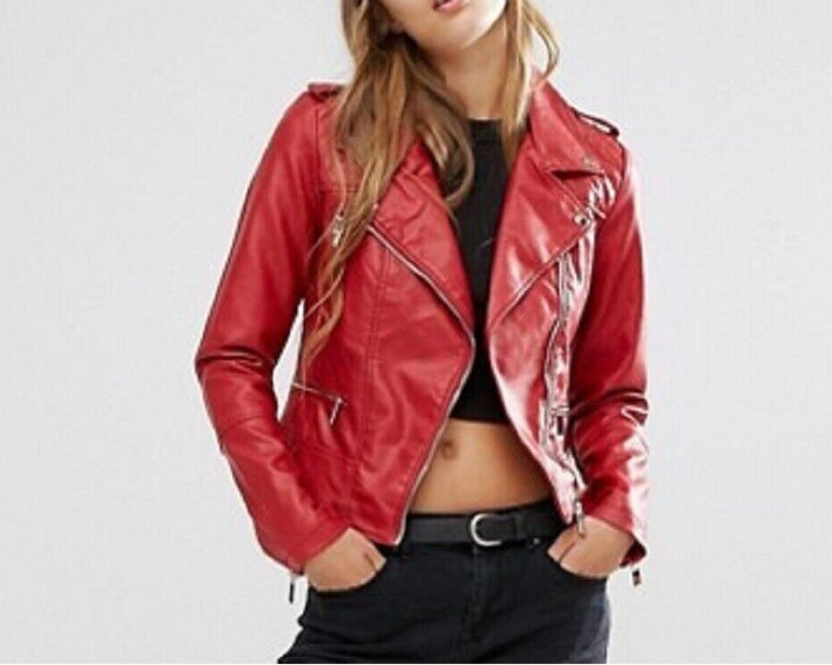 Women’s slim fit biker red leather jacket