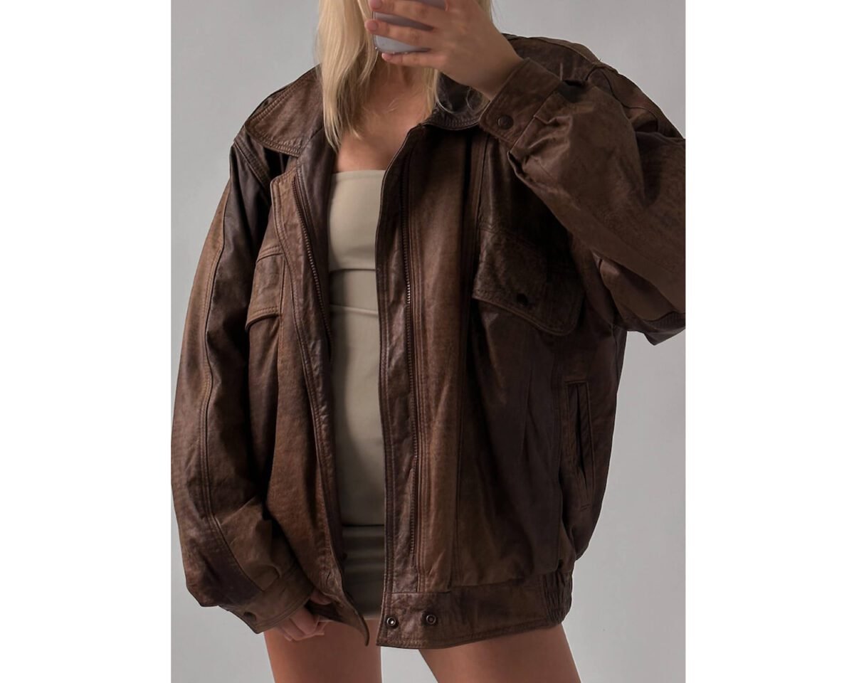 Women’s vintage style lambskin oversize bomber leather jacket