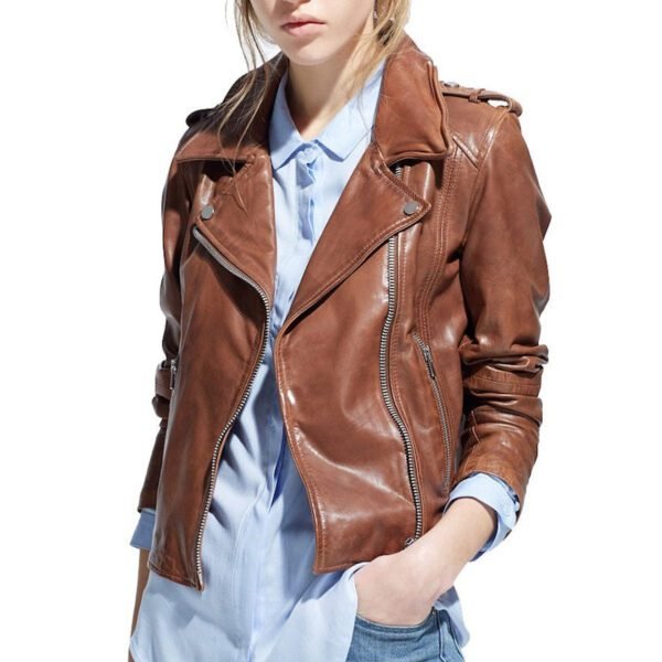 Women’s Vintage Style Motorcycle Brown Leather Jacket