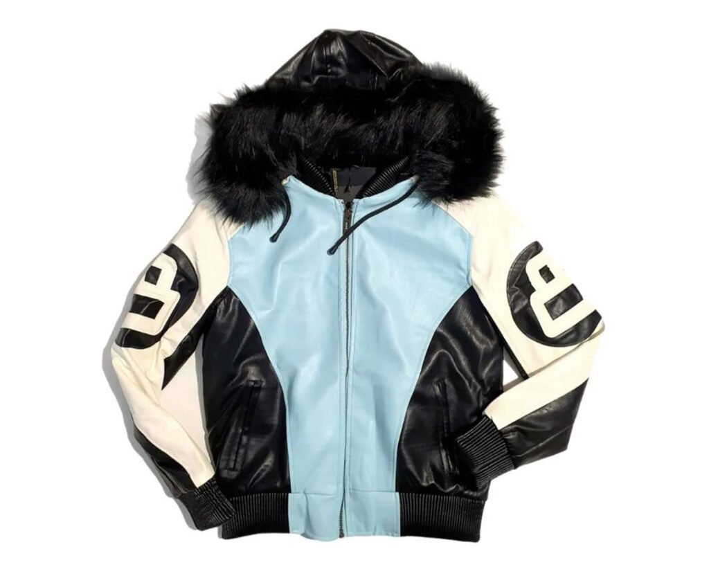 8 Ball Black and Sky Blue Leather Jacket