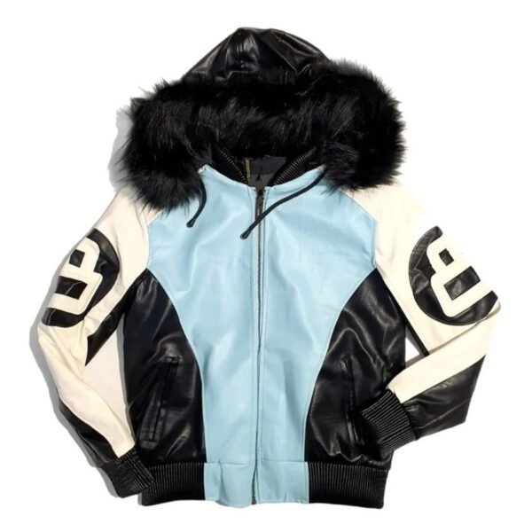 8 Ball Black and Sky Blue Leather Jacket