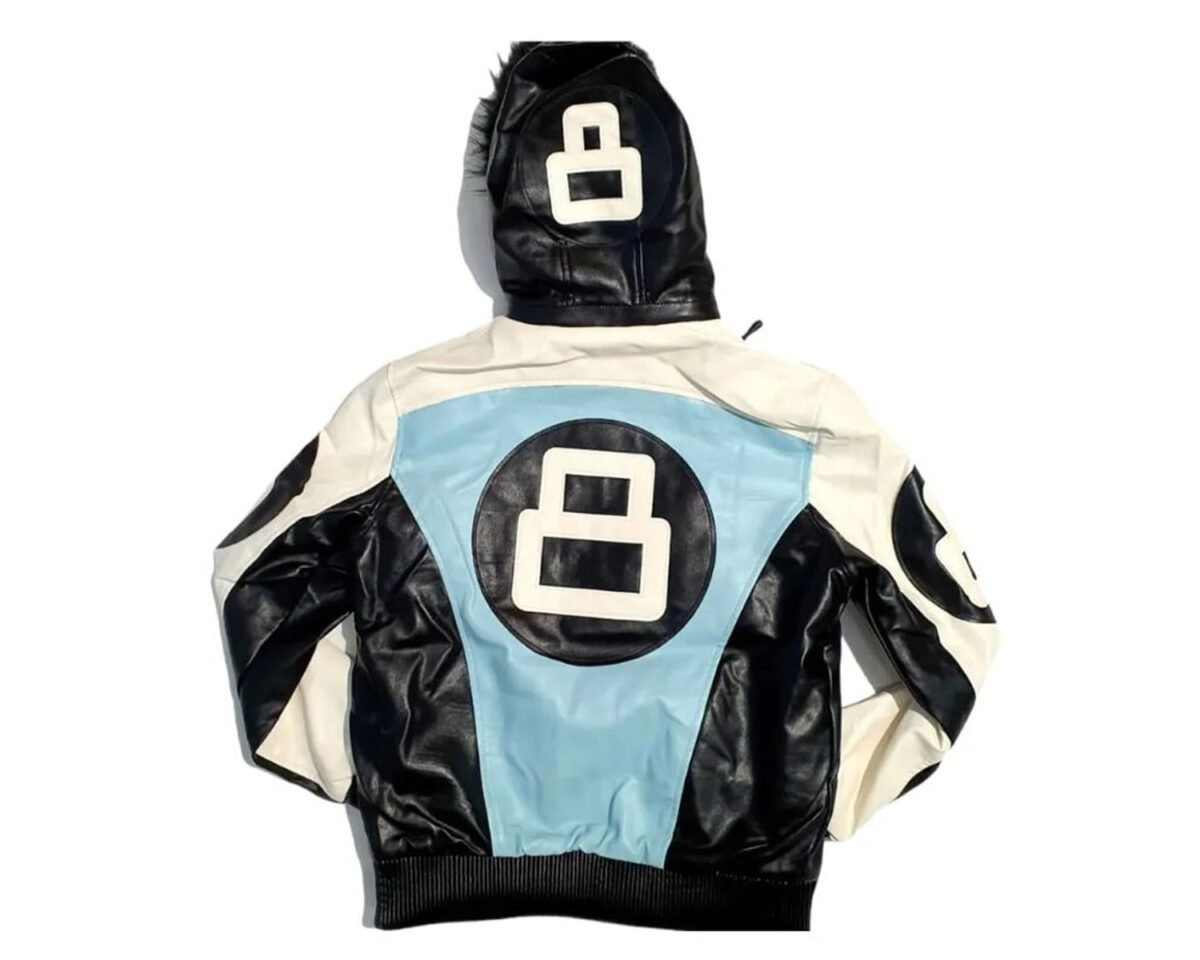 8 ball black and sky blue leather jacket