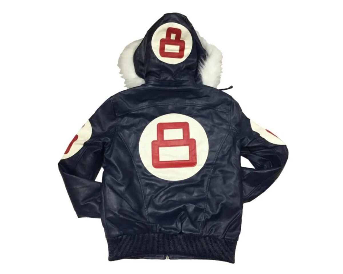 8 ball navy leather hooded jacket