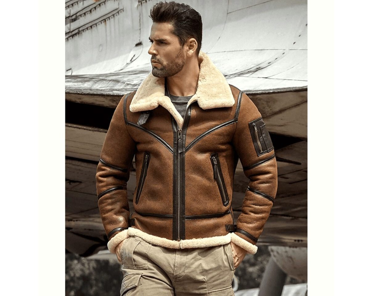 Men’s shearling b3 bomber flight aviator leather jacket